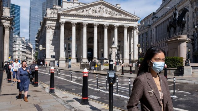 Article thumbnail: Face mask near the Bank of England in the City of London on 27th June 2022 in London, United Kingdom. The City of London is a city, ceremonial county and local government district that contains the primary central business district CBD of London. The City of London is widely referred to simply as the City is also colloquially known as the Square Mile. (photo by Mike Kemp/In Pictures via Getty Images)