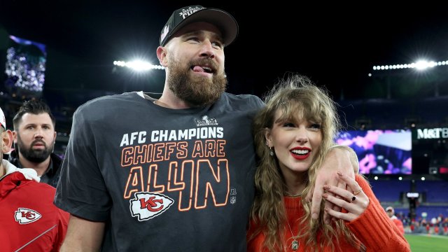 Article thumbnail: Taylor Swift with Travis Kelce at the AFC Championship Game in Baltimore last month (Photo: Patrick Smith/Getty)