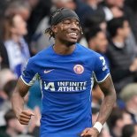 Article thumbnail: Chelsea's Noni Madueke celebrates after scoring his side's third goal during the English Premier League soccer match between Chelsea and West Ham United at Stamford Bridge stadium in London, England, Sunday, May 5, 2024. (AP Photo/Frank Augstein)