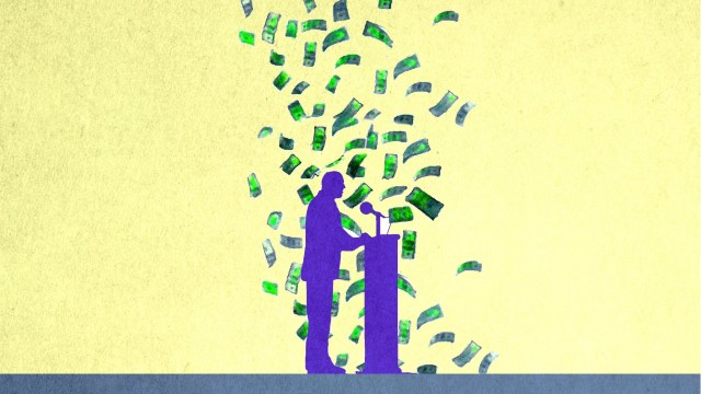 Article thumbnail: Illustration of money falling on male public speaker