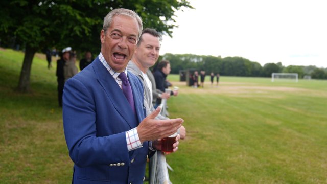 Article thumbnail: Reform UK leader Nigel Farage and the new Reform MP for South Basildon and East Thurrock, James McMurdock, watch the inaugural match of East Thurrock CFC at Wyldecrest Sports Country Club, Corringham, Essex. Picture date: Saturday July 6, 2024. PA Photo. Photo credit should read: Joe Giddens/PA Wire