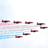 Article thumbnail: NORTHAMPTON, ENGLAND - JULY 07: The RAF Red Arrows perform a fly past over the grid prior to the F1 Grand Prix of Great Britain at Silverstone Circuit on July 07, 2024 in Northampton, England. (Photo by James Sutton - Formula 1/Formula 1 via Getty Images)