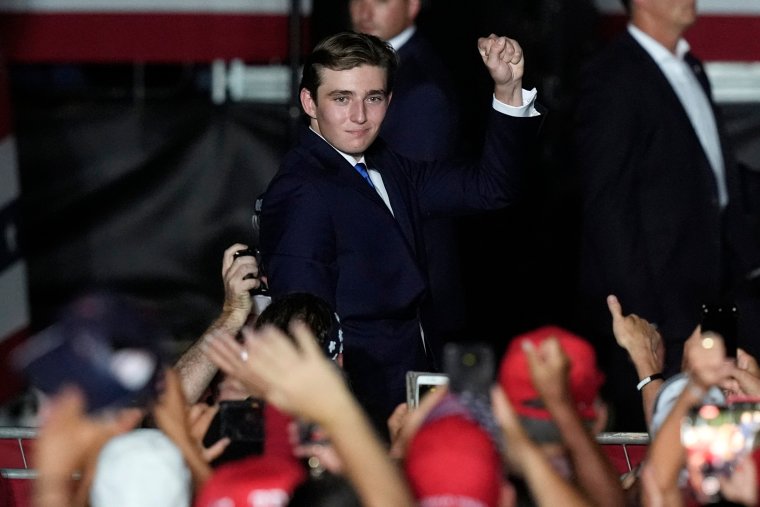 Barron Trump gestures after his father Republican presidential candidate former President Donald Trump introduced him during a campaign rally at Trump National Doral Miami, Tuesday, July 9, 2024, in Doral, Fla. (AP Photo/Marta Lavandier)