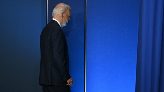 Article thumbnail: TOPSHOT - US President Joe Biden leaves after speaking at a Ukraine Compact initiative on the sidelines of the NATO Summit at the Walter E. Washington Convention Center in Washington, DC, on July 11, 2024. (Photo by Brendan SMIALOWSKI / AFP) (Photo by BRENDAN SMIALOWSKI/AFP via Getty Images)