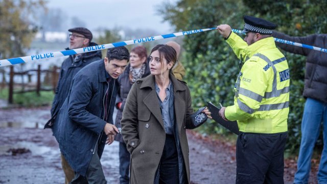 Article thumbnail: The Jetty,1,1,(L-R) Hitch (ARCHIE RENAUX), Ember (JENNA COLEMAN), Supporting Artists,Firebird Pictures,Ben Blackall