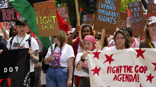 Protesters with March on the RNC outside the Fiserv Forum during the first day of the 2024 Republican National Convention in Milwaukee, Wisconsin, July 15, 2024. Days after he survived an assassination attempt, Republicans are set to nominate Donald Trump as the party's official presidential candidate at the Republican National Convention taking place in Milwaukee, Wisconsin, from July 15 to 18. (Photo by Nick OXFORD / AFP) (Photo by NICK OXFORD/AFP via Getty Images)