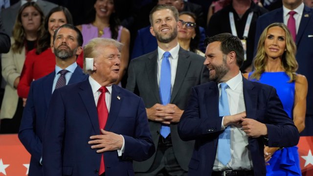 Article thumbnail: Republican presidential candidate former President Donald Trump appears with vice presidential candidate JD Vance, R-Ohio, during the Republican National Convention Monday, July 15, 2024, in Milwaukee. (AP Photo/Paul Sancya)