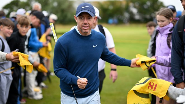 Article thumbnail: TROON, SCOTLAND - JULY 16: Rory McIlroy of Northern Ireland interacts with fans on course during a practice round prior to The 152nd Open championship at Royal Troon on July 16, 2024 in Troon, Scotland. (Photo by Oisin Keniry/R&A/R&A via Getty Images)