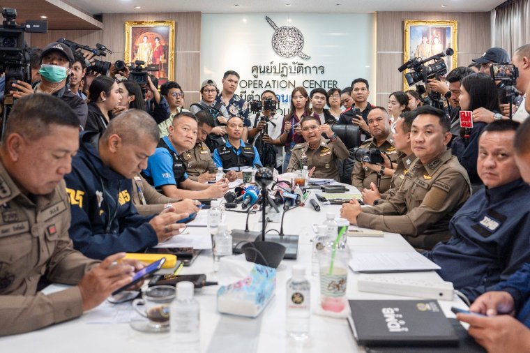 Members of the media attend a press conference by the Royal Thai Police at Lumpini Police Station in Bangkok on July 17, 2024, the day after six people were found dead at a hotel allegedly due to poisoning. One of the six foreigners found dead in a luxury hotel room in Bangkok is believed to have committed the murders using cyanide, Thai police said on July 17. (Photo by Chanakarn Laosarakham / AFP) (Photo by CHANAKARN LAOSARAKHAM/AFP via Getty Images)