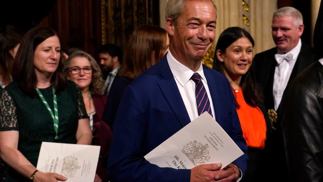 LONDON, ENGLAND - JULY 17: Reform UK leader Nigel Farage walks from the House of Lords after hearing the King's Speech during the State Opening of Parliament in the on July 17, 2024 in London, England. King Charles III delivers the King's Speech setting out the new Labour government's policies and proposed legislation for the coming parliamentary session. (Photo by Alberto Pezzali - WPA Pool/Getty Images)