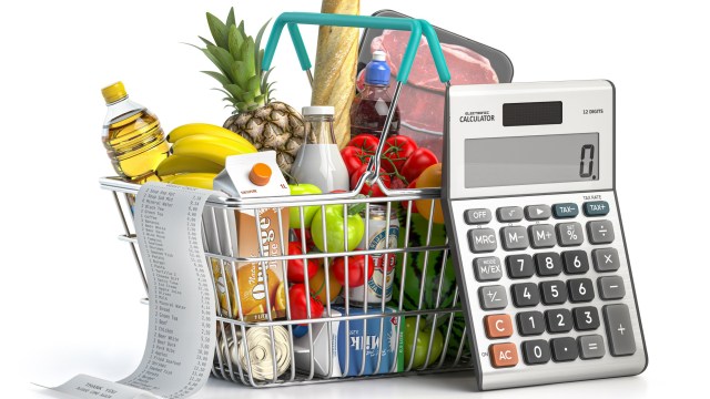 Article thumbnail: Shopping cbasket full of grocery food with receipt and calculator isolated on white. Home budget, savings, inflation and consumerism concept. 3d illustration